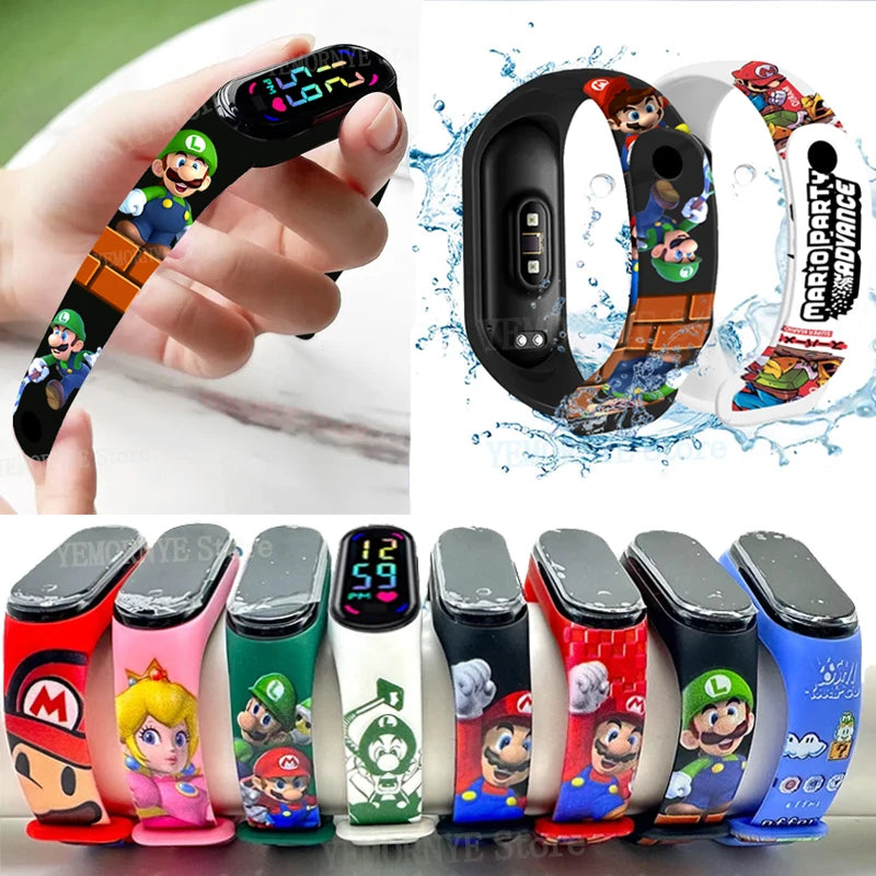 Mario Bros Children's Watches Action Figures Luigi Princess Peach Yoshi Bowser kids Sport Wristband Waterproof Digital Watch Toy Good Vibrations