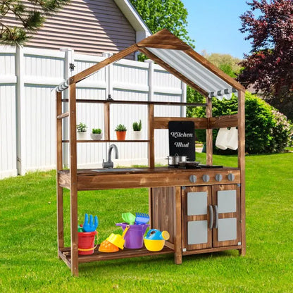 Solid Wood Outdoor Kid's Playhouse with Canopy Mud Kitchen for Outdoor Play Good Vibrations