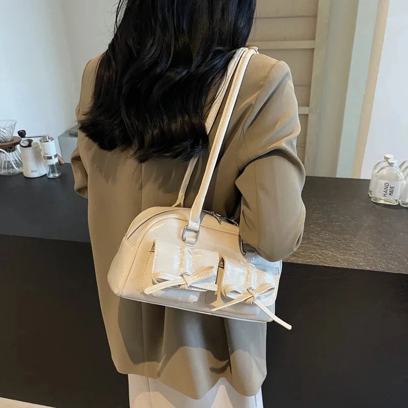 Bow Pocket Design Women's Shoulder Bag Vintage Pu Leather Ladies Small Underarm Bags Fashion Female Luxury Handbags Tote Purse Good Vibrations