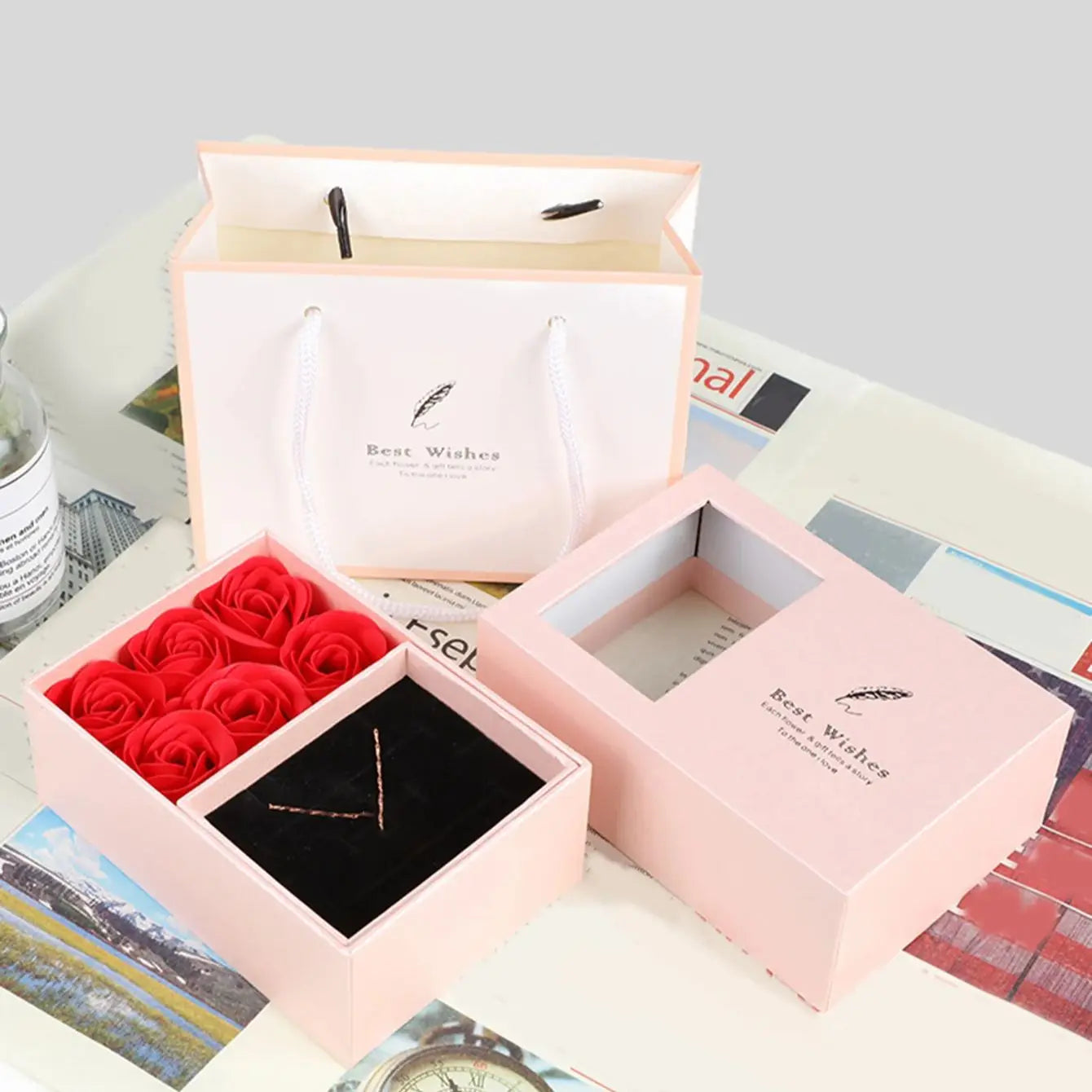 1Set 6 Rose Gift Box Window Jewelry Box Ring Box Necklace Earrings Thanksgiving Valentine Gift Box (No Jewelry) Good Vibrations