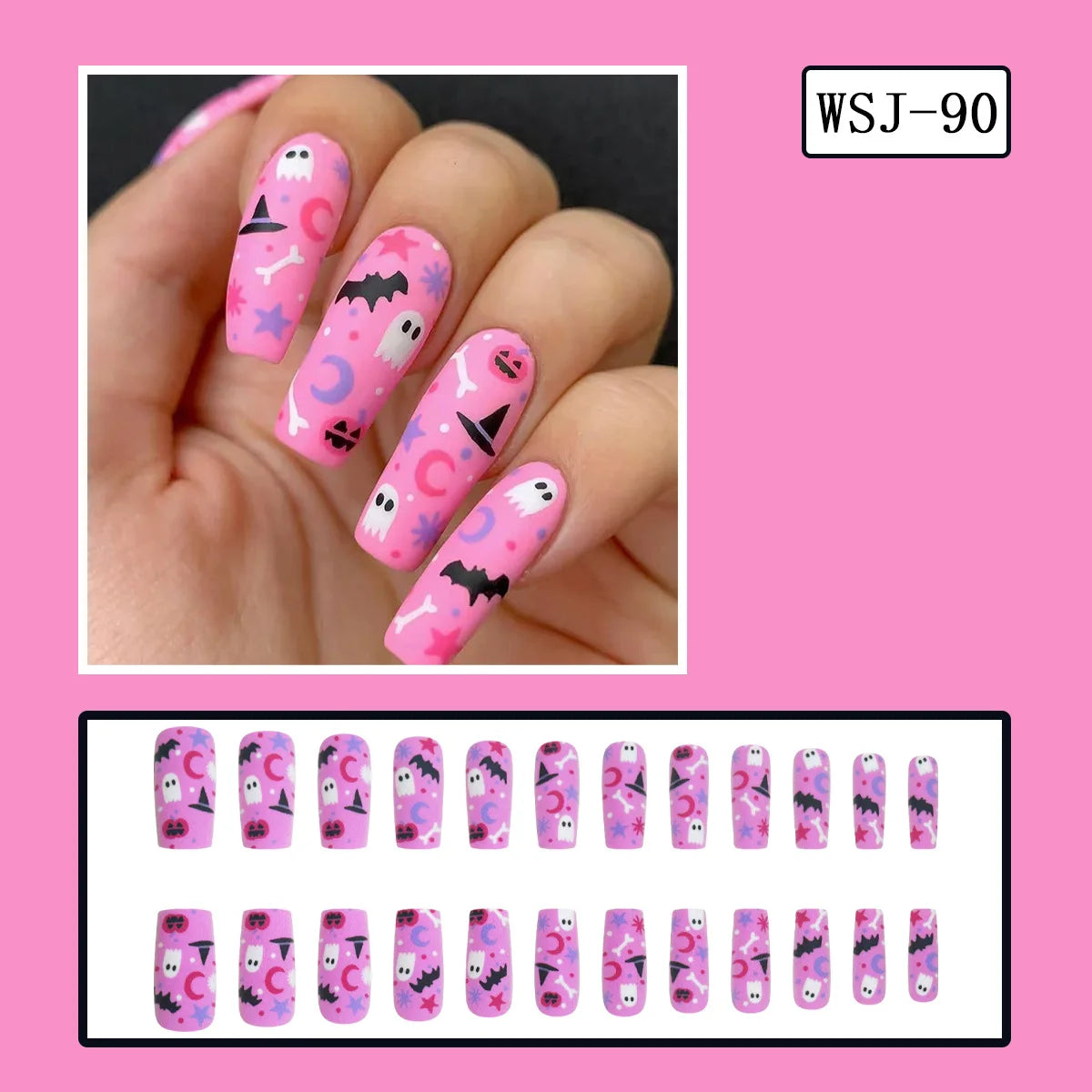 24pcs Pink Long Coffin Fake Nail Tips Halloween Ghost Bat Print Press on Nail Wearable Detachable European Long False Nails Good Vibrations