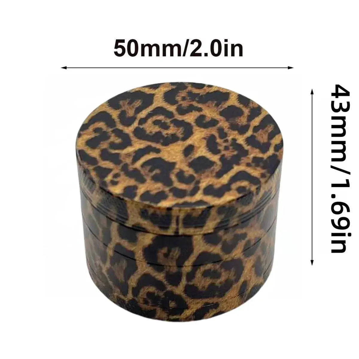 40/50mm leopard print herb grinder with 4-layer design, ideal for spices and tobacco.