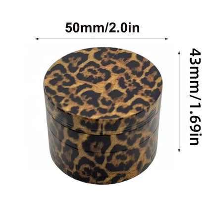 40/50mm leopard print herb grinder with 4-layer design, ideal for spices and tobacco.