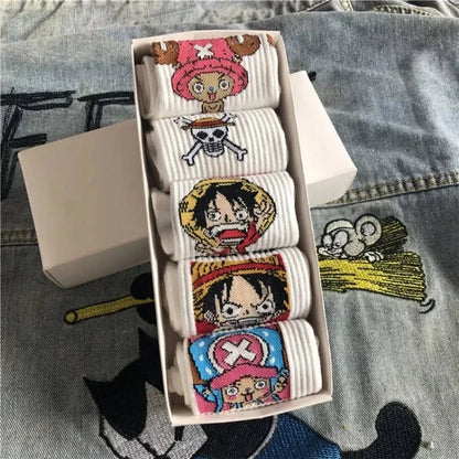5Pair Anime One Piece Socks Cartoon Luffy Chopper Student Cotton White Long Short Boat Socks Printed Knitted Socks Children Gift Good Vibrations
