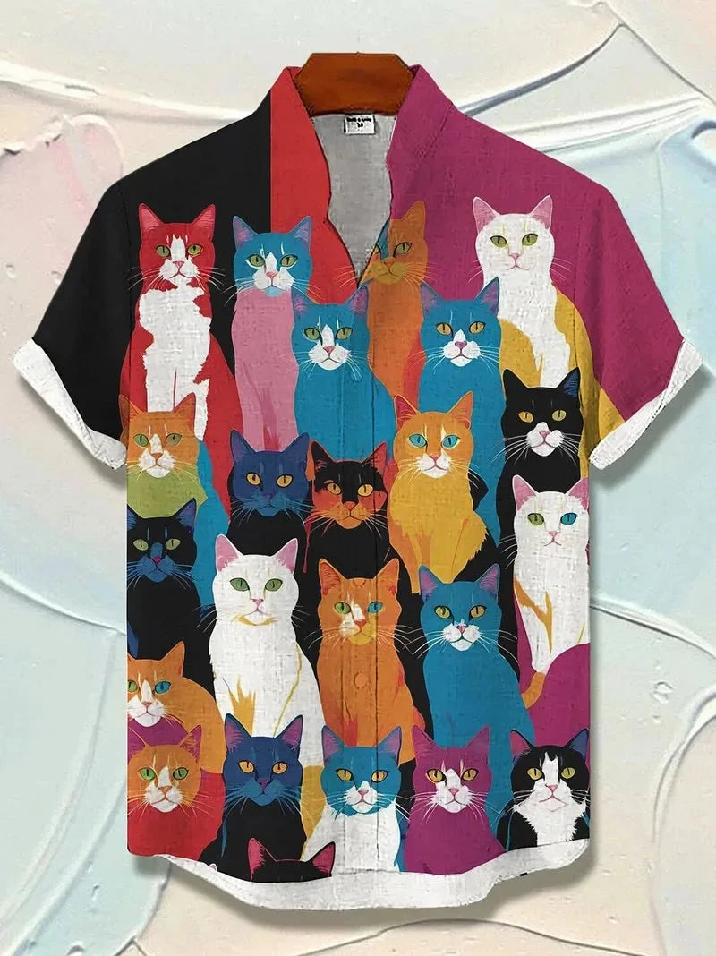 Men's Cat Graphics Shirts Short Sleeved Button Down Lapel Shirt For Summer Oversized Tops Vacation Casual Hawaiian Shirts Good Vibrations