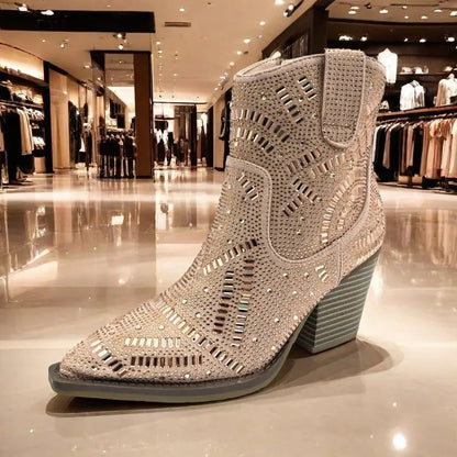 Ankle Boots for Women Luxury Full Diamond Chelsea Boots Western Cowboy Y2k Fashion Wedges Pointed Toe Zipper Women Heels shoes Good Vibrations