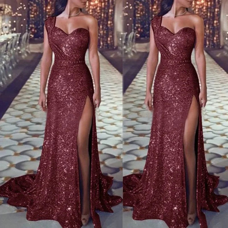 2025 Women's Wedding Party Dress Evening Elegant Sexy Deep V Neck One Shoulder Sleeveless Sequined Long Maxi Dresses For Women Good Vibrations