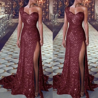 2025 Women's Wedding Party Dress Evening Elegant Sexy Deep V Neck One Shoulder Sleeveless Sequined Long Maxi Dresses For Women Good Vibrations