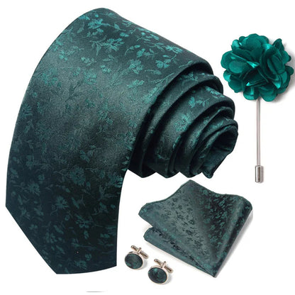Luxury Mens Ties Floral Black Gold Ties Paisley NeckTie Pocket Square Cufflinks Brooch Set Men's Wedding Party Tie Good Vibrations