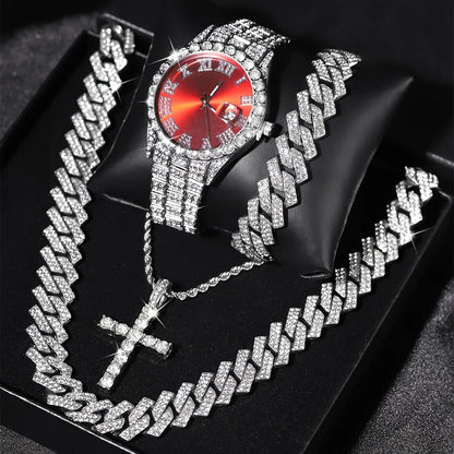 4pcs/set Mens Bling Wrist Watch & Hip Hop Cuban Chain Necklace Set - Rhinestone Accented, Round Dial, Electronic Quartz Movement Good Vibrations