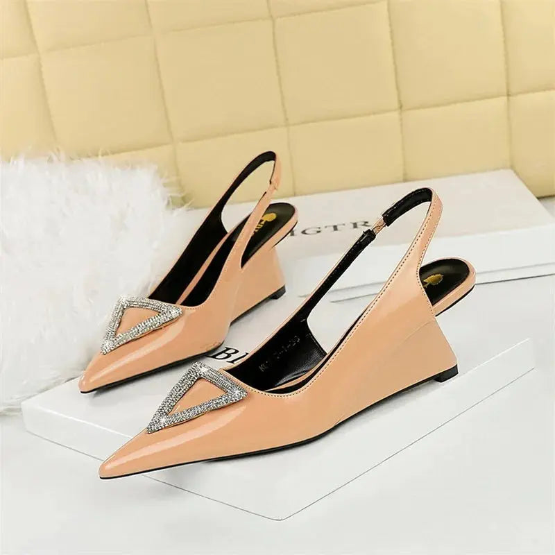 Wedges Women Shoes High Heel Shallow Pointed Toe Hollow Back Straps Patent Leather Triangle Metal Crystal Buckle Pumps Good Vibrations