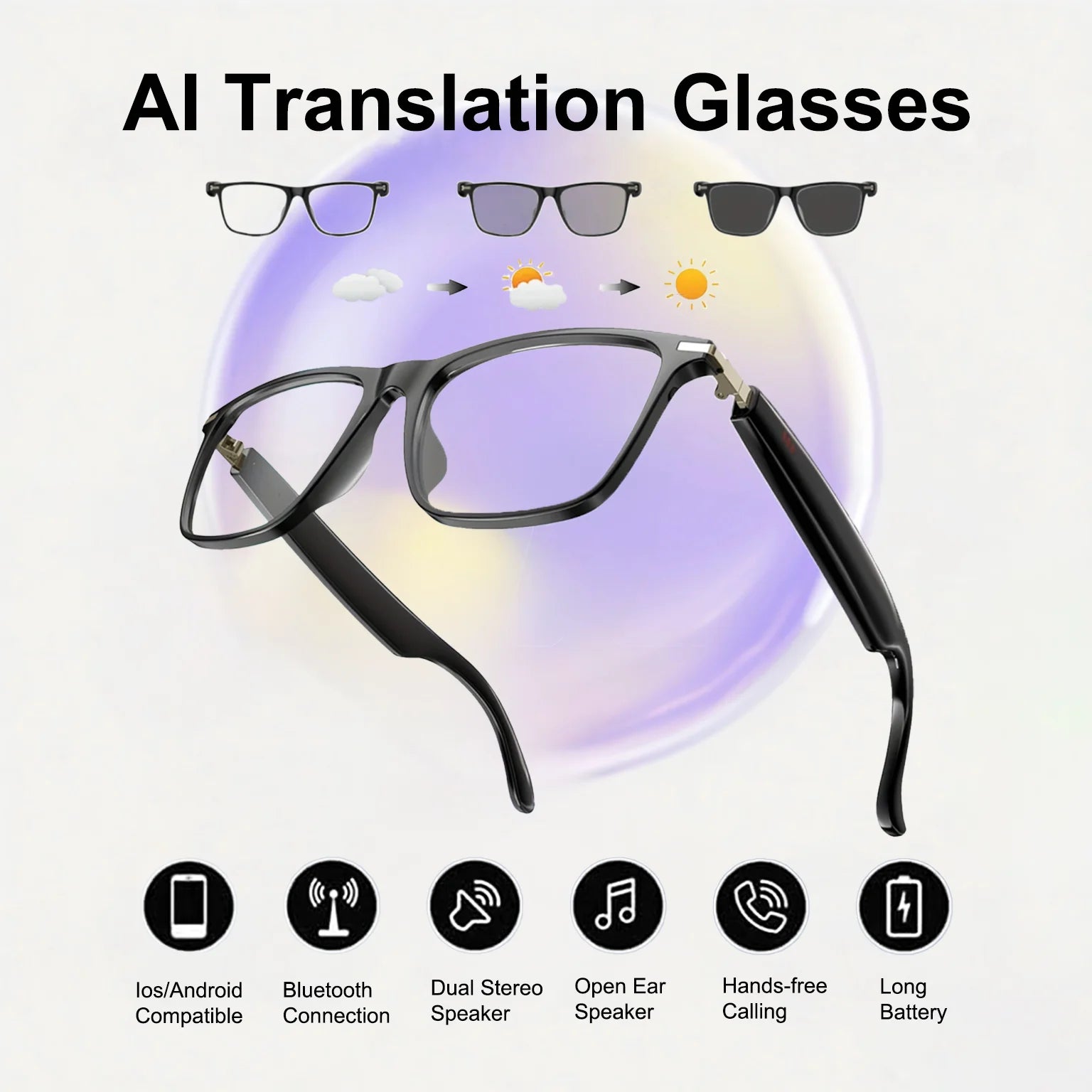 AI Translation Smart Glasses with photochromic lenses, support 160+ languages real-time translation Good Vibrations