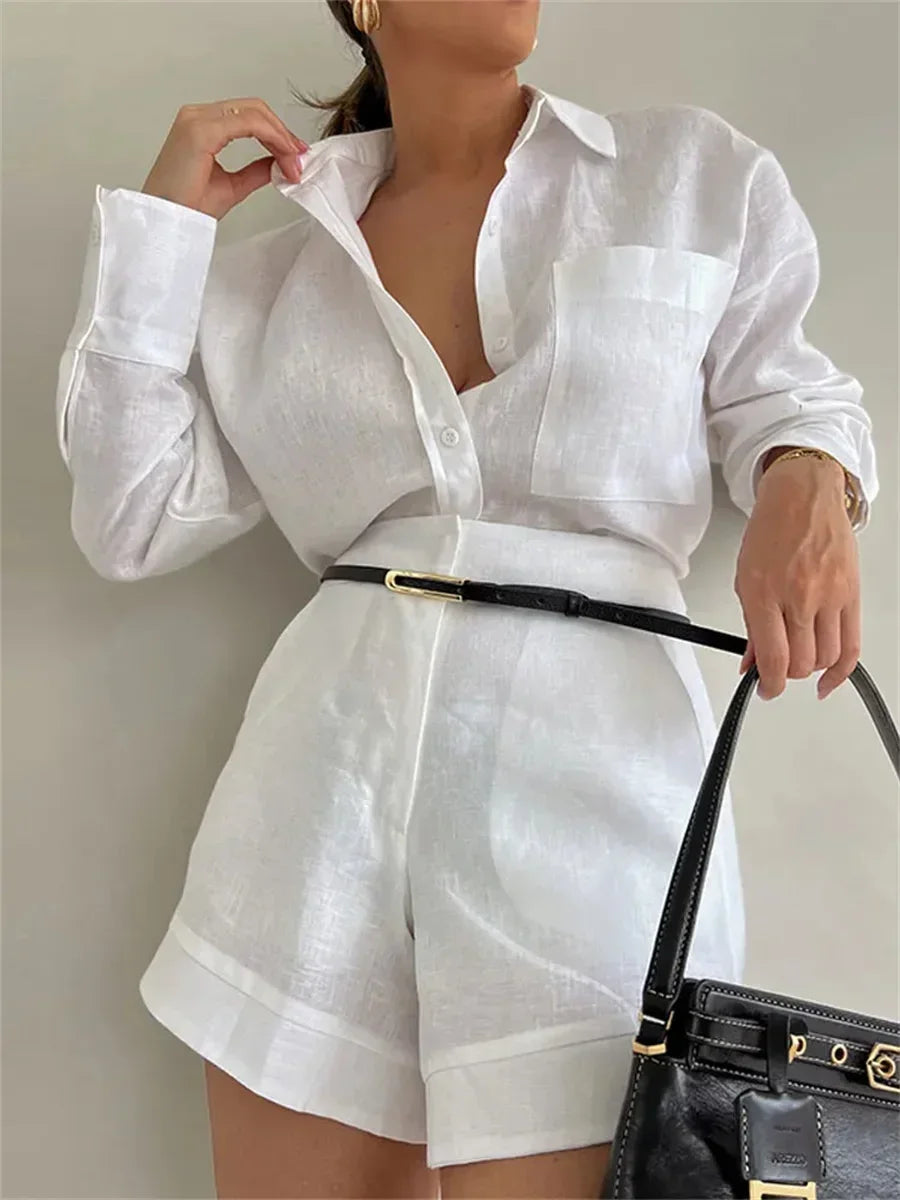 2026 New Short Sets Women Shirts Long Sleeve Cotton Linen Loose Blouse High Waist Shorts Suit Summer 2 Piece Sets Womens Outfits Good Vibrations