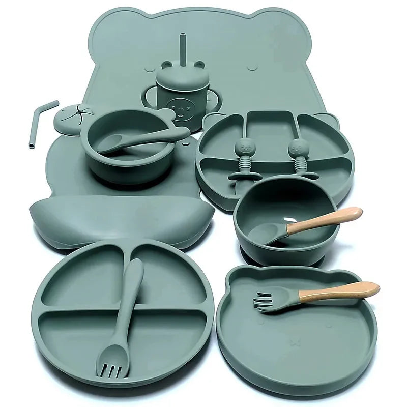 16pcs Dinner Plate Set Silicone Children's Tableware Set Baby Complementary Suction Cup Bowl Spoon Mother and Baby Good Vibrations
