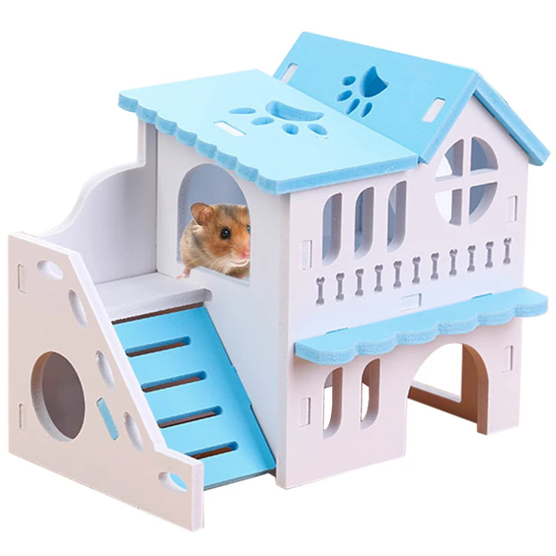 Hamster House Toy Pet Small Animal Hideout Hamster Wooden House 2 Layers With Ladder Design Wooden Hut Play Toys Good Vibrations