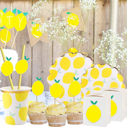 Lemon Disposable Tableware Paper Cups Plates Cake Toppers for Summer Lemon Happy Birthday Pool Party Decoration DIY Cake Supply Good Vibrations
