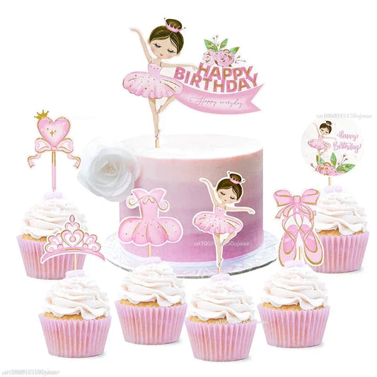 Pink Ballerina Girl Cake Topper Toppers Crown Dress Kids Happy Birthday Wedding Party Baby Shower Baking Cake Dessert DIY Decor Good Vibrations