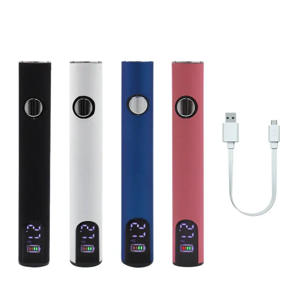 510 Thread Battery Pen in black, white, blue, and pink with USB charger cable, adjustable voltage for electronics repair.