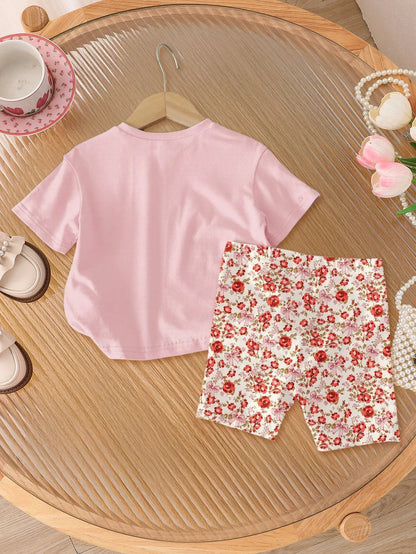 2-Piece Set of Simple and Versatile Casual Summer Outfits for Girls: Toddler Girls' Bowknot Round-Neck Short-Sleeve Top + Elastic Waist Floral Print Shorts, Outdoor Stylish and Youthful Children's Clothing Good Vibrations