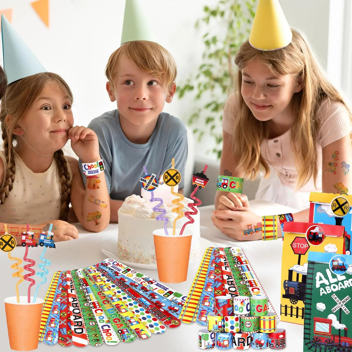 Train Party Supplies Drinking Straws Temporary Tattoos Keychains Slap Bracelets Stickers Goodie Bag Transportation Birthday Gift Good Vibrations