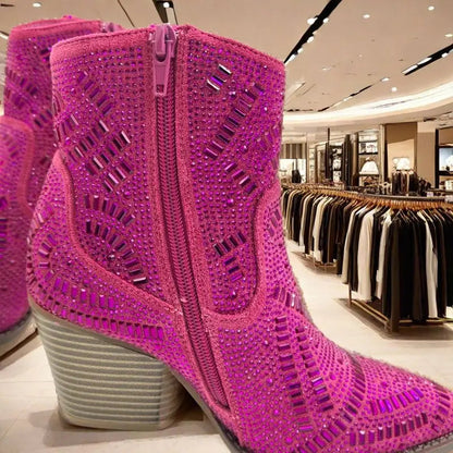 Ankle Boots for Women Luxury Full Diamond Chelsea Boots Western Cowboy Y2k Fashion Wedges Pointed Toe Zipper Women Heels shoes Good Vibrations