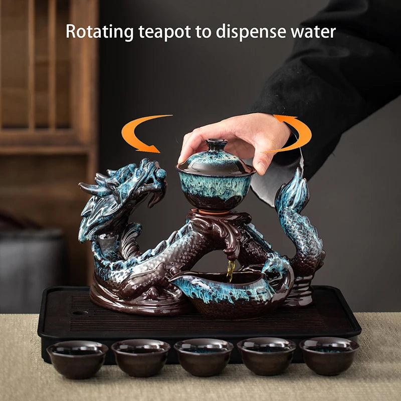 1 set, creative lazy tea set, semi-automatic dragon teapot, magnetic rotating water-conducting tea set, Chinese Kung Fu tea set Good Vibrations
