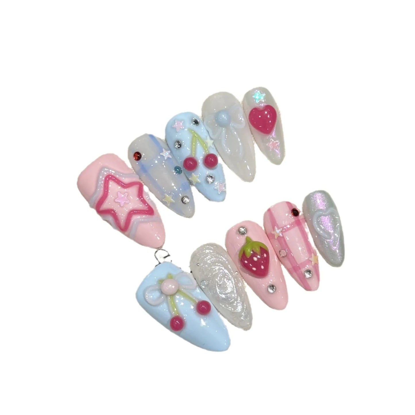 Handmade Press on Nails Ins Sweet Pink Blue Color Fake Nails for Girls Wearable 3D Cherry Love Star Korean Cute False Nail Tips Good Vibrations