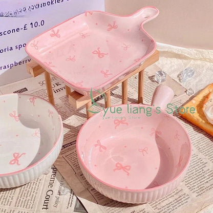 Pink Bow Ceramic Cutlery Set, Dessert Home Tableware Ceramic Handle Bowl Yogurt Cup High Value Breakfast Plate Drinkware Good Vibrations