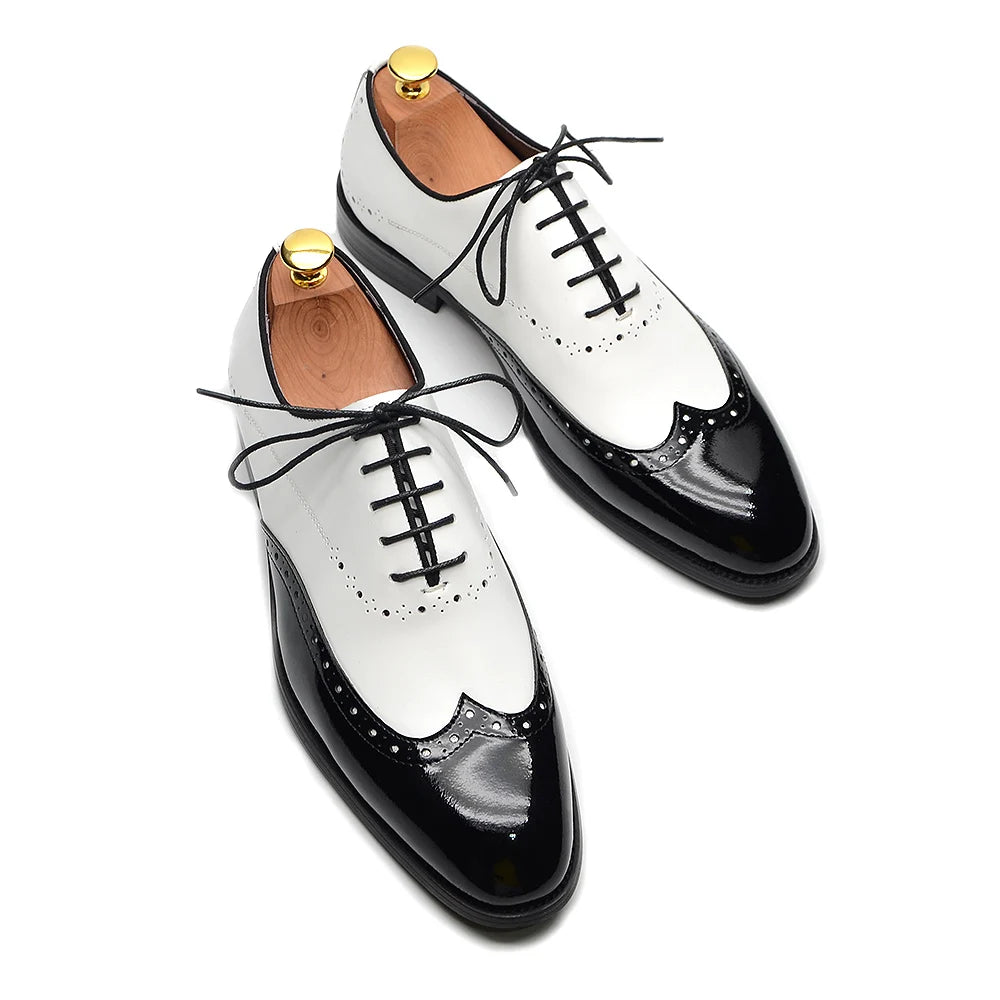 Formal Oxfords Shoes for Men White Black Real Cow Patent Leather Business Lace-up Wingtip Toe Brogue Wedding Mens Dress Shoes Good Vibrations