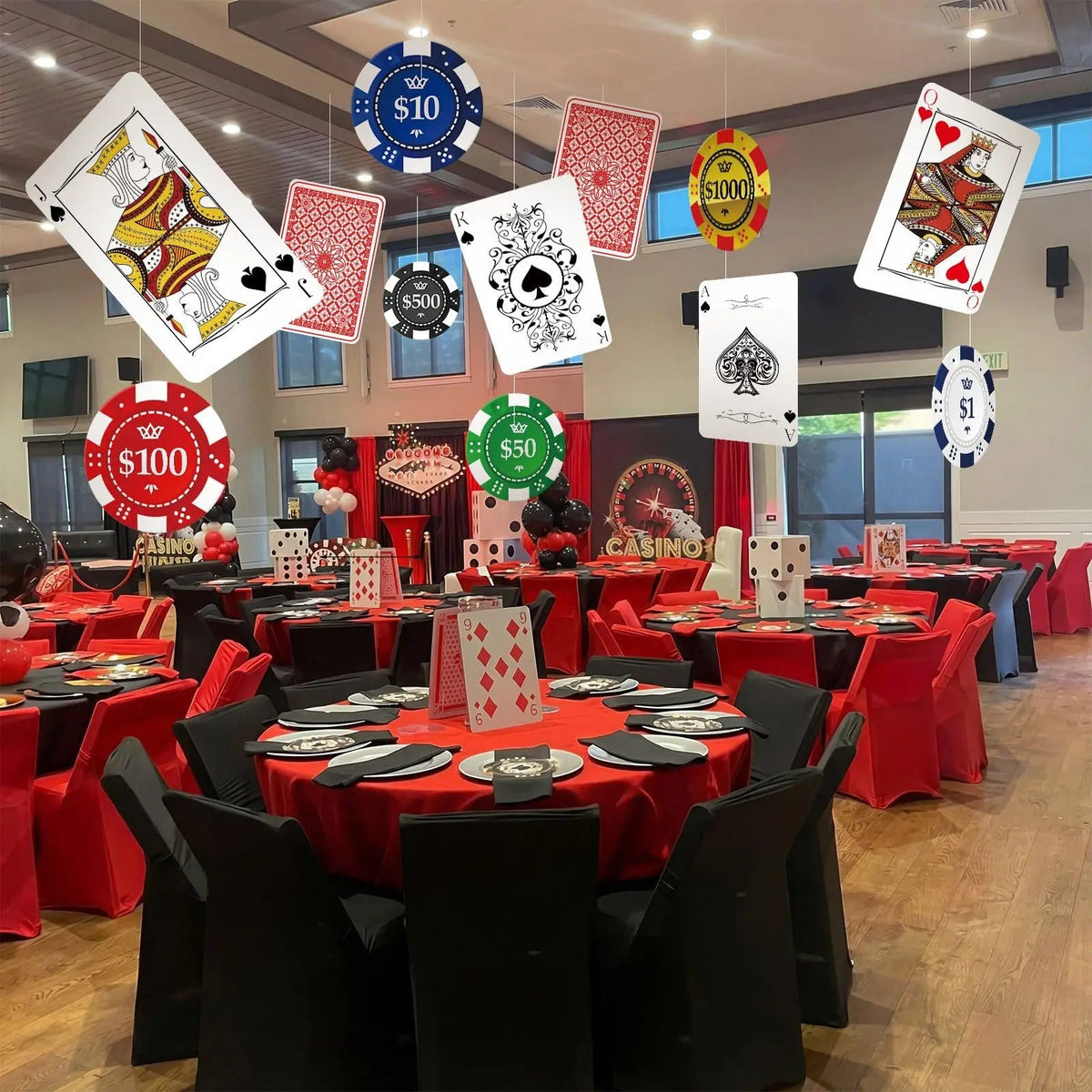 2D Casino Night Party Decorations Red Curtains Poker Dice Banners Photo Booth Props Bar Hanging Decor for Birthday Theme Event Good Vibrations