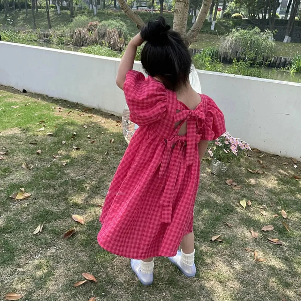 Bear Leader Rose Pink Plaid Bow Dress Elegant Lolita Child Big Girls Midi Dress Children Dresses Teens Party Princess Sundress Good Vibrations