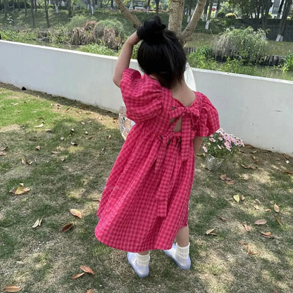 Bear Leader Rose Pink Plaid Bow Dress Elegant Lolita Child Big Girls Midi Dress Children Dresses Teens Party Princess Sundress Good Vibrations