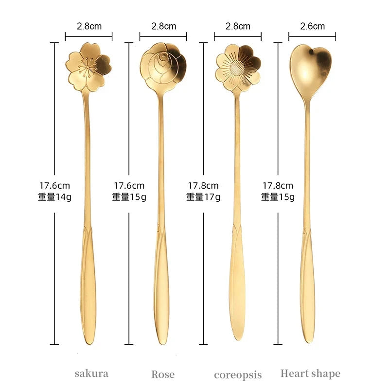 4Pcs Flower Spoon Set Small Teaspoon Coffee Spoon Cute Ice Cream Dessert Spoon Silver Gold Stainless Steel Tableware Accessories Good Vibrations