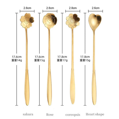 4Pcs Flower Spoon Set Small Teaspoon Coffee Spoon Cute Ice Cream Dessert Spoon Silver Gold Stainless Steel Tableware Accessories Good Vibrations
