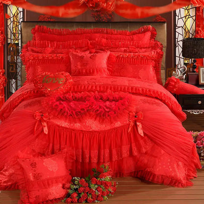 Luxury Wedding Bedding Sets Queen King Size Pink Princess Lace Bedcover Set Jacquard Duvet Cover Bed Sheet Pillowcases Good Vibrations