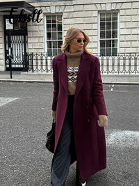 Wine Red Woolen Coats With Scarf Women Elegant Full Sleeve Double Breasted Long Overcoat 2025 Autumn Winter New Lady Streetwear Good Vibrations