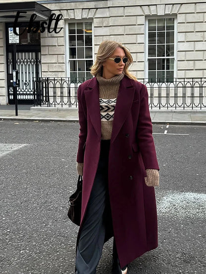 Wine Red Woolen Coats With Scarf Women Elegant Full Sleeve Double Breasted Long Overcoat 2025 Autumn Winter New Lady Streetwear Good Vibrations