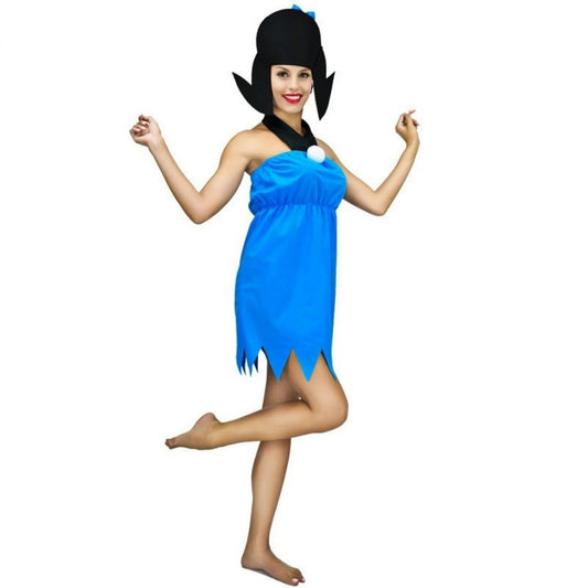 Women Blue Halter Sleeveless Dress for Betty Rubble Costume with Wig Headdress Adult Fred Flintstone Costume Good Vibrations