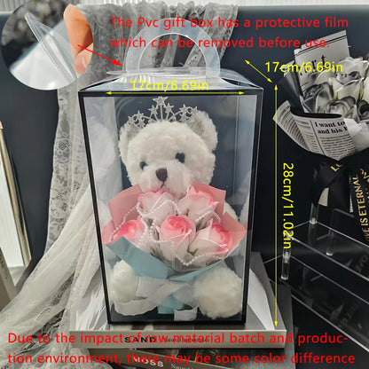 1pcs Plush Bear Rose Flower Bouquet Gift Box Luxury Artificial Soap Flowers Wedding Birthday Christmas New Year Party Decor Prop Good Vibrations