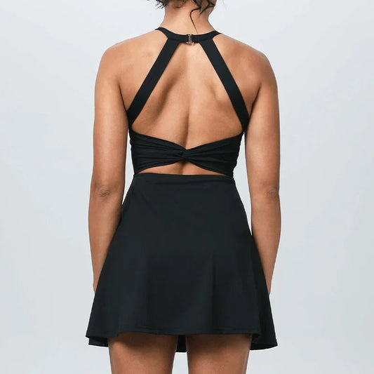 Airy Backless Twisted Cool Touch Dance Active Dress Workout Tennis Dress with Built in Shorts and Bra Golf Exercise Activewear Good Vibrations