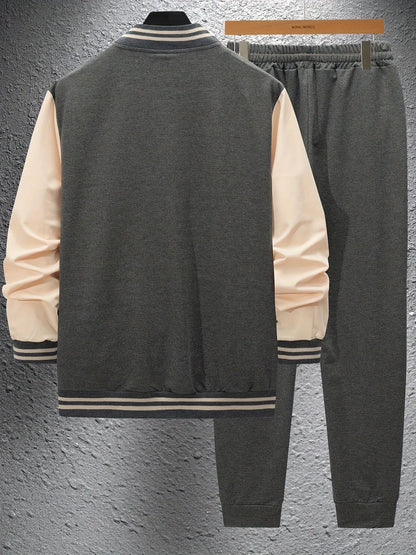 Men's Casual Baseball Jacket & Pants Color Block Polyester Button-Up with Belt Detail for Spring/Fall 1/2pieces Good Vibrations