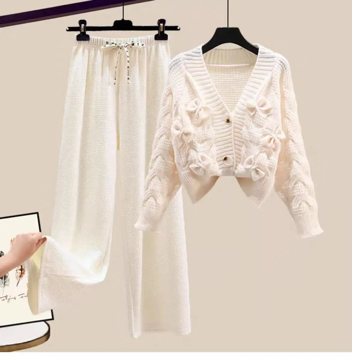 Two Piece Set For Women New In Sweater Matching Sets Korean Sweet Bow Outfit Long Sleeve Cardigan Knitwear Wide Leg Pants Set Good Vibrations