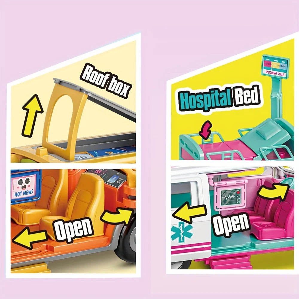 Toy Model Ambulance School Bus Puzzle Inertia Toy Car Playhouse Doctor Toy Car Model with Doll Accessories Christmas Gift Good Vibrations