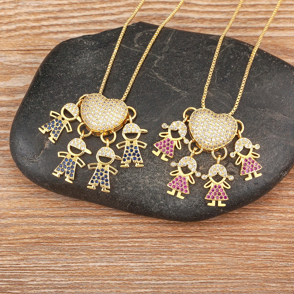 Nidin Fashion Hot Family Member Pendant Necklace Micro-Studded Zircon Love Heart Boy Girl Parent-Child Jewelry Mother's Day Gift Good Vibrations
