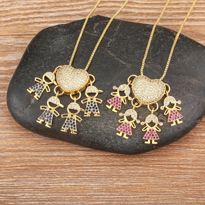 Nidin Fashion Hot Family Member Pendant Necklace Micro-Studded Zircon Love Heart Boy Girl Parent-Child Jewelry Mother's Day Gift Good Vibrations