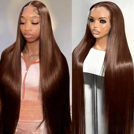 Chocolate Brown Straight Human Hair Wig 46 Inches 13x6 Transparent HD Lace Frontal Pre Plucked Natural Hairline Wig For Women Good Vibrations