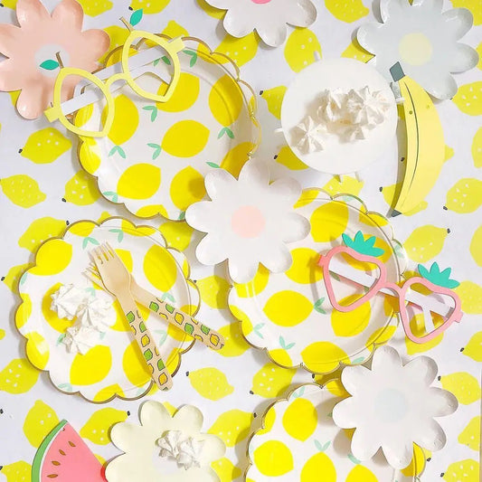 Lemon Disposable Tableware Paper Cups Plates Cake Toppers for Summer Lemon Happy Birthday Pool Party Decoration DIY Cake Supply Good Vibrations