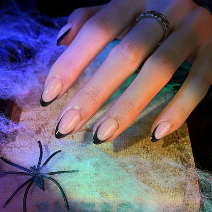 24pcs Press on Nails Short Almond Bowknot Black Press on Nails White Pearl Sweet French Tip Press on Nails Cute Nail Artificial Good Vibrations