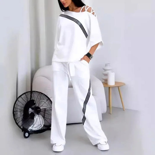 New Fashion Two-piece Women's White Sports Suit Sexy Off Shoulder Loose Sports Shirt+casual Pants Cotton Sportswear Women's Good Vibrations