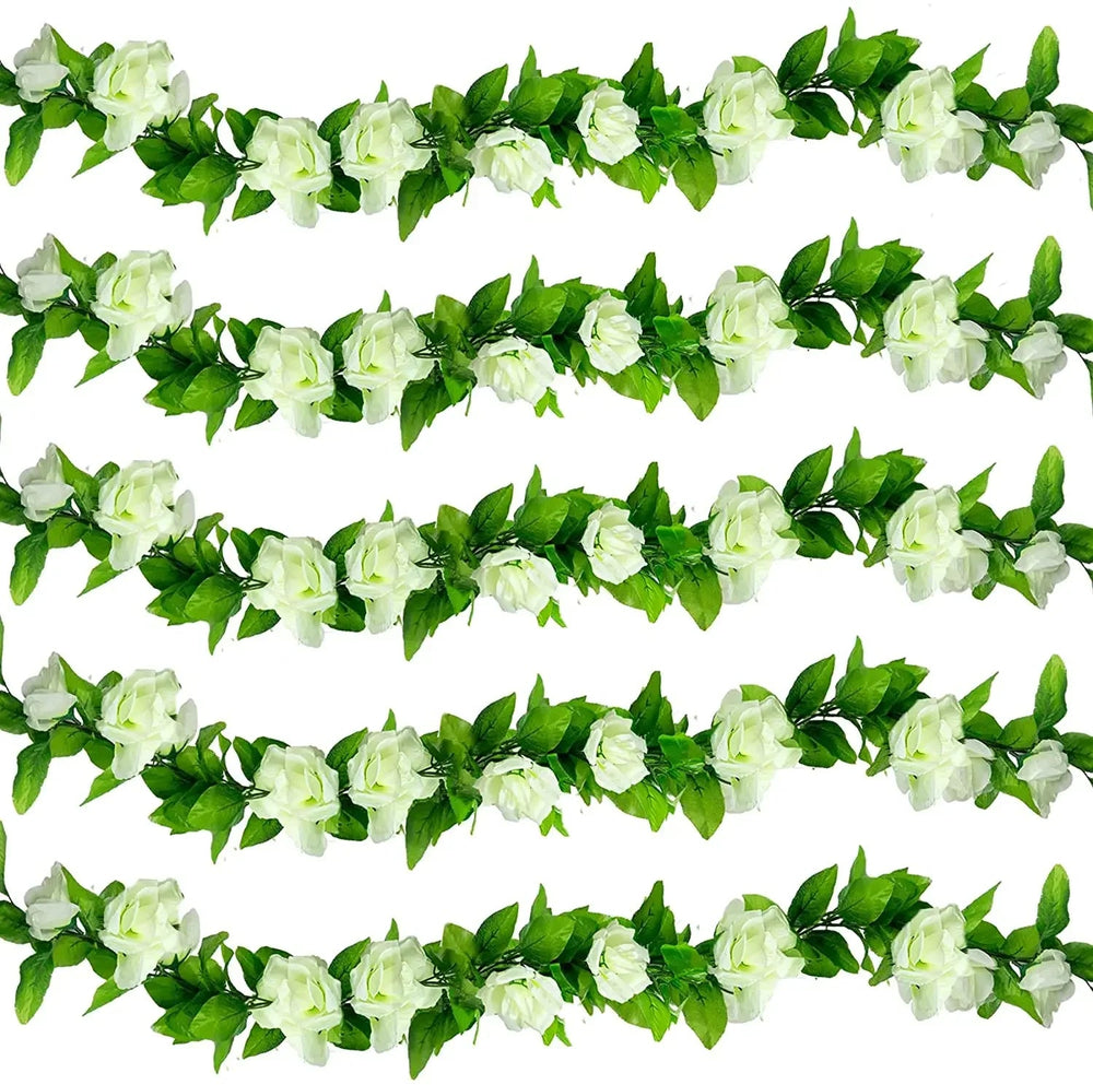 Artificial White Flower Garlands, Rose Vines, Fall Decor, Faux Floral, Wall Hanging Plants, Wedding, Home Party, 5 Pack, 37.5 ft Good Vibrations